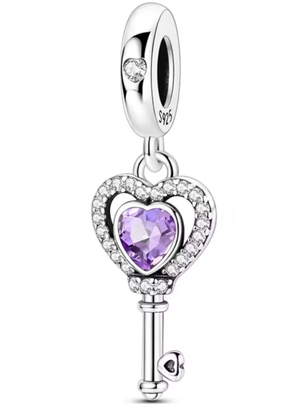 Pandora Silver Heart Key Charm with Purple Heart Stone